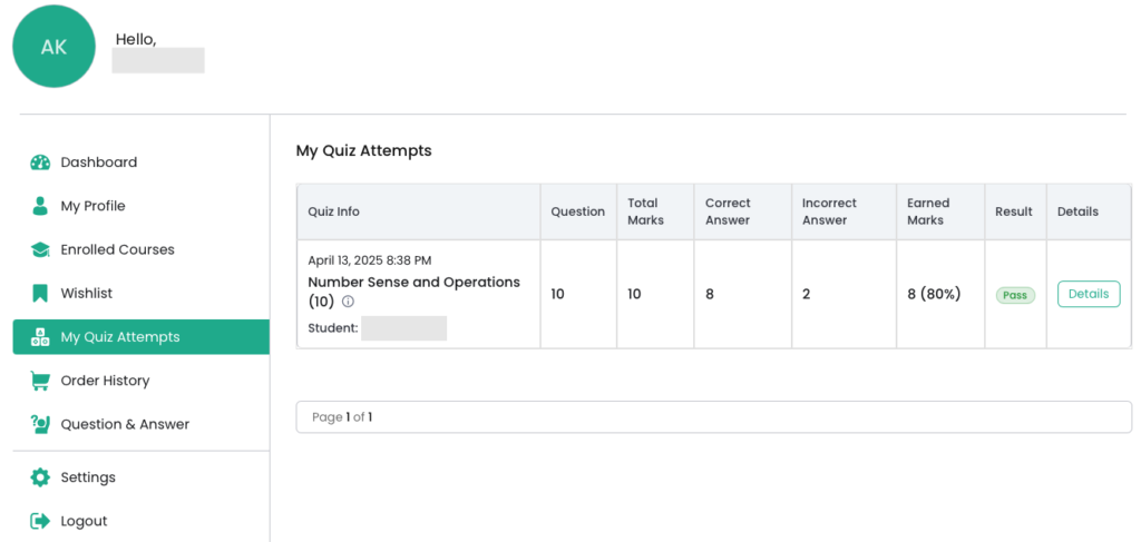 gatorFAST Dashboard - Quiz Attempts for Florida FAST Test Prep